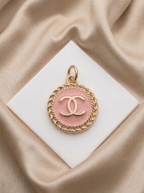 repurposed Pink and Gold CC Enamel Pendant Charm, vintage disc coin charm
